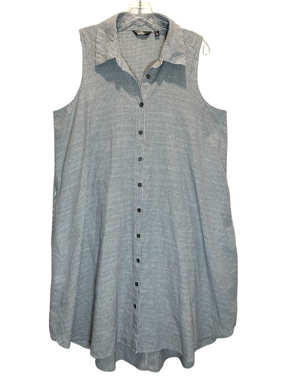 Blue & White Striped Cotton Blend Sleeveless Dress, Pockets, Lagenlook - Size 1X